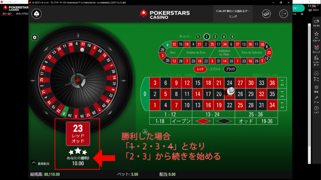 勝利した場合
1・2・3・4となり2・3から続きを始める