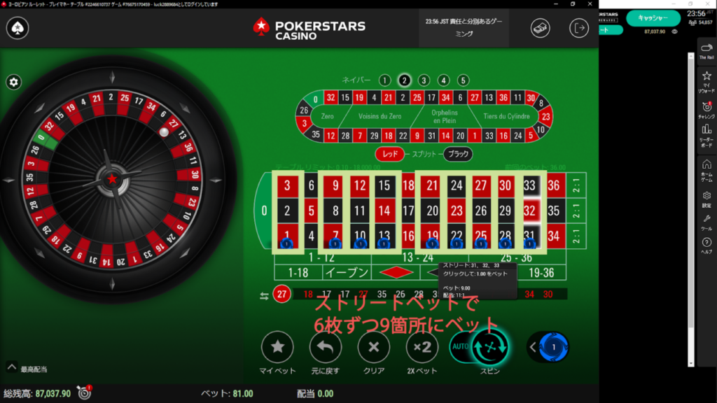 勝利した場合、チップを6枚ずつ、9箇所にストリートベットします