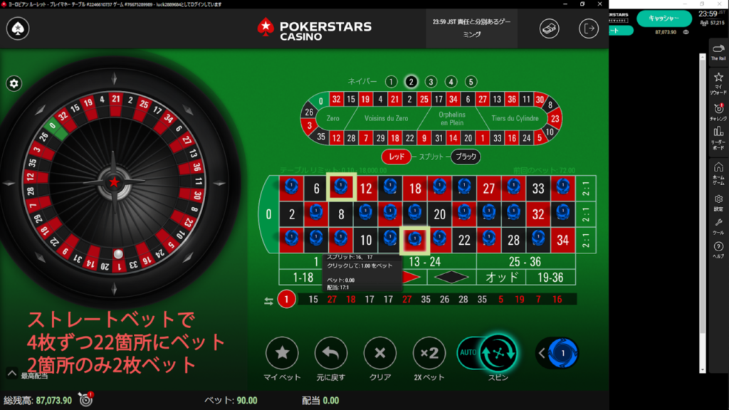 勝利した場合、チップを4枚ずつ、22箇所にスプリットベットします
