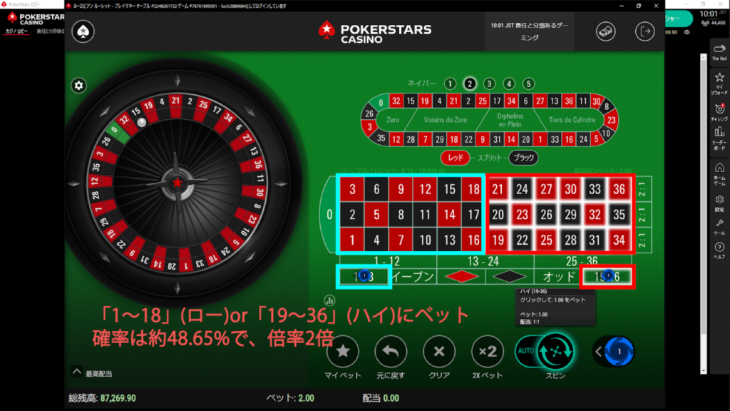ハイ・ローは、「1~18」(ロー)or「19~36」(ハイ)に賭けるベットです