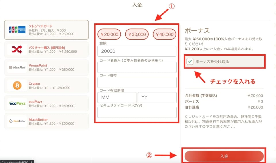 3.必要項目を入力し「入金」をクリック