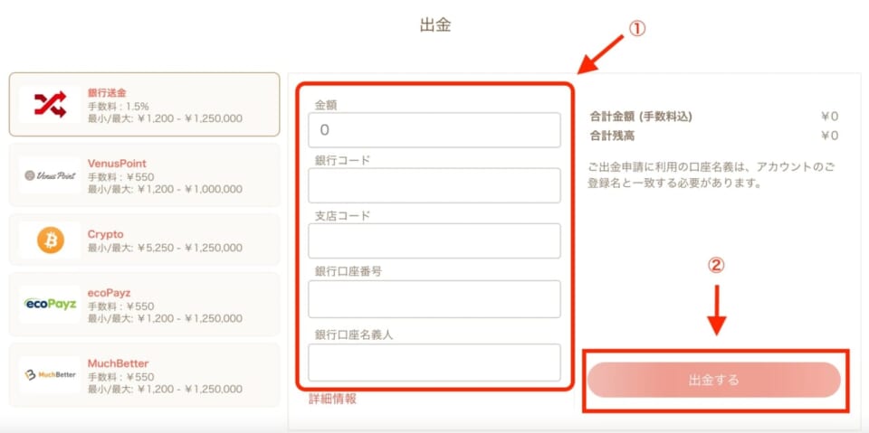3.必要項目を入力し、「出金する」をクリック