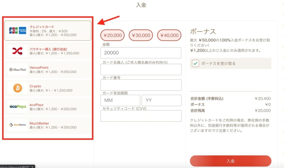 2.任意の入金タイプを選択