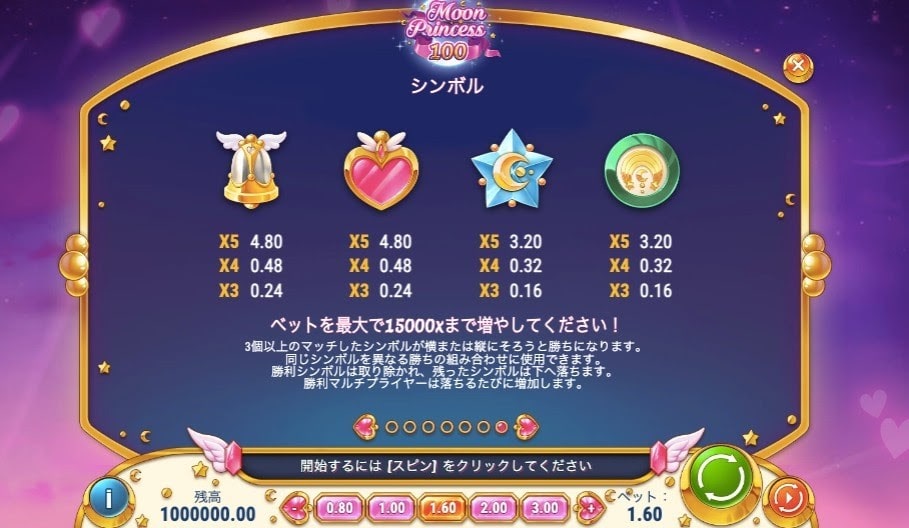 ムーンプリンセス100では、前作に続き、LOVE(ラブ)、STAR(スター)、STORM(ストーム)の他、ベルやハートなども絵柄として登場します