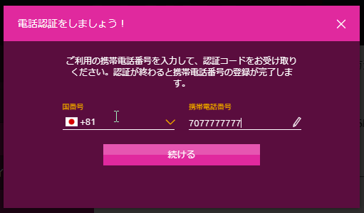 登録後に入力した番号がウィンドウに表示されるので、問題なければ『続ける』をクリックします。