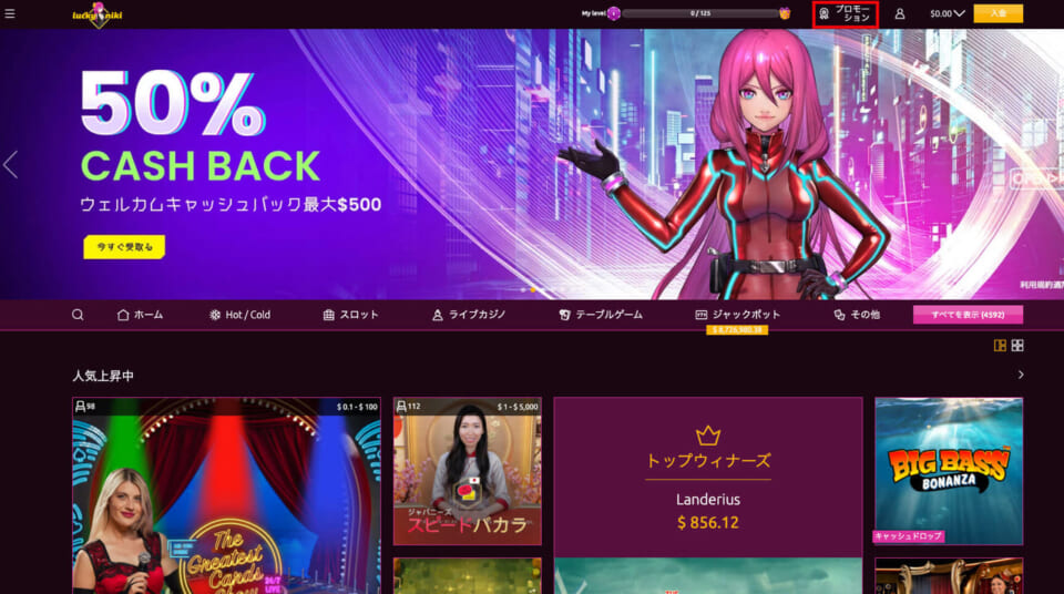 ラッキーニッキーにログイン後、画面右上の「プロモーション」をクリックします。