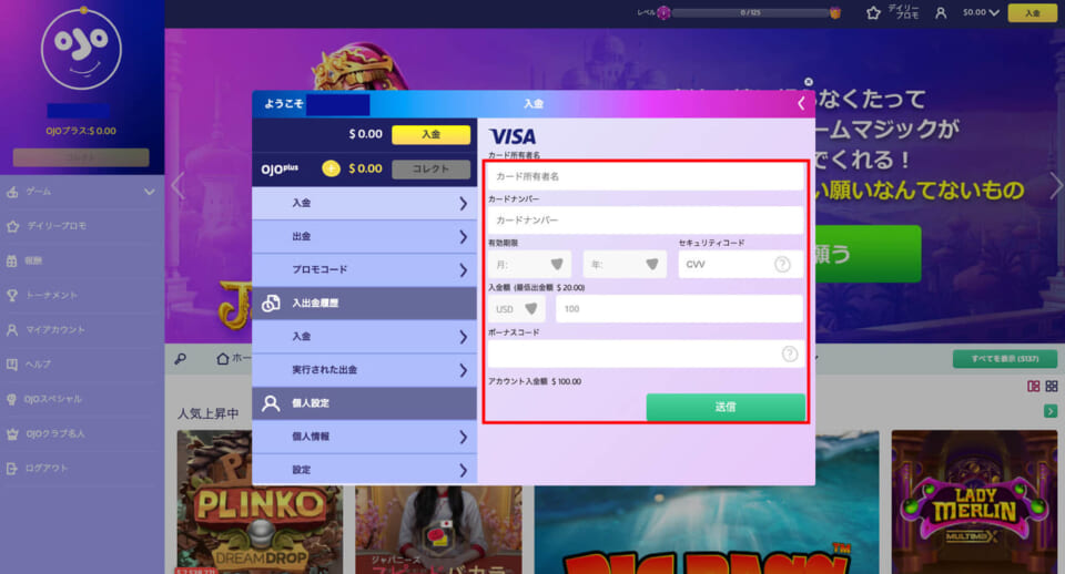 ②カード情報と利用している通貨、希望入金額とボーナスコード(任意)を入力して「送信」をクリックすることで入金が完了します。