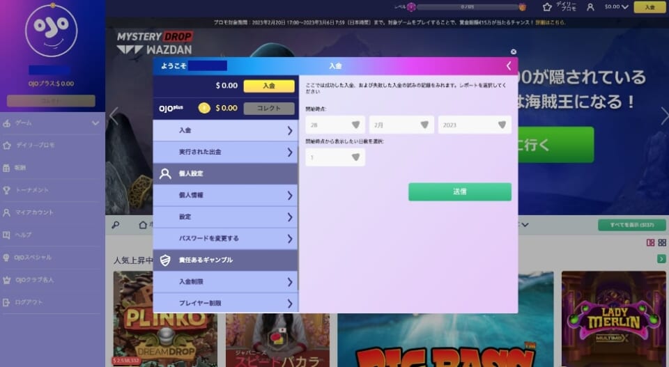「入金」から「入金履歴」をクリックし、「入金履歴」にてこれまで行った入金の履歴が確認できます。また、期間を指定して検索することも可能です。