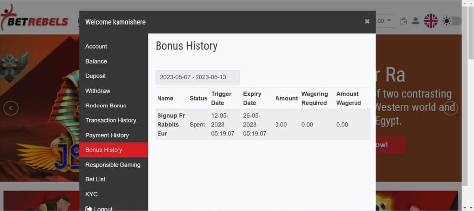 「Wagering Required」が出金条件、「Amount Wagered」が消化済みの分を表しています