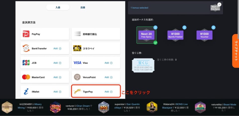 タイガーペイ（TIGER PAY）からオンラインカジノに送金する手順