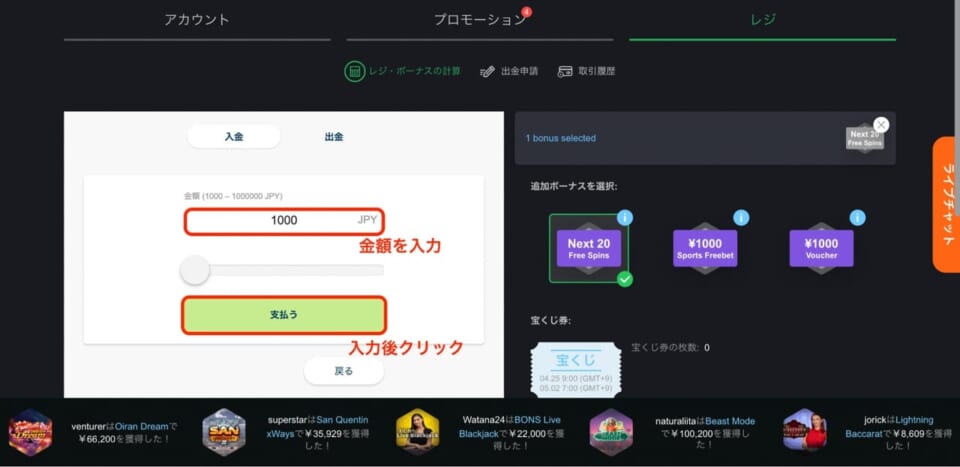 入金画面が開いたら金額を入力し「支払う」をクリック