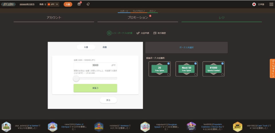 ①希望する入金額を入力し、「支払う」ボタンをクリックしてください。
