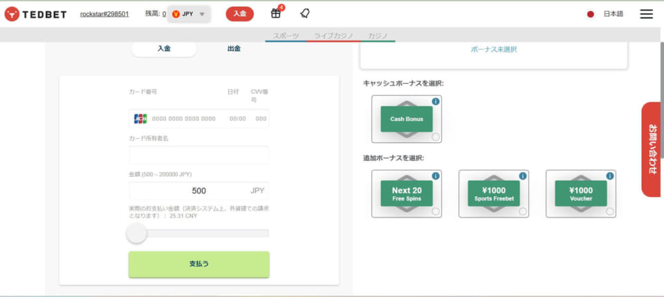 クレジットカードの場合は、カード情報と入金額を入力し、「支払う」を選択するだけで入金完了です！