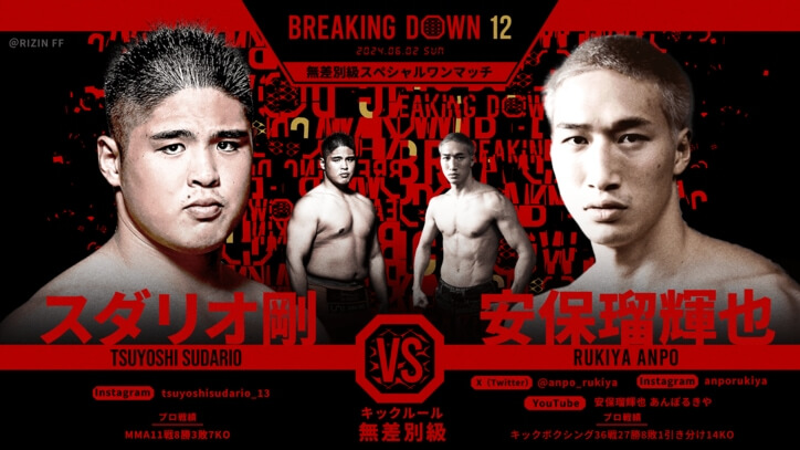 BREAKING DOWN12
2024.06.02.SUN
無差別級 スダリオ剛 vs 安保瑠輝也