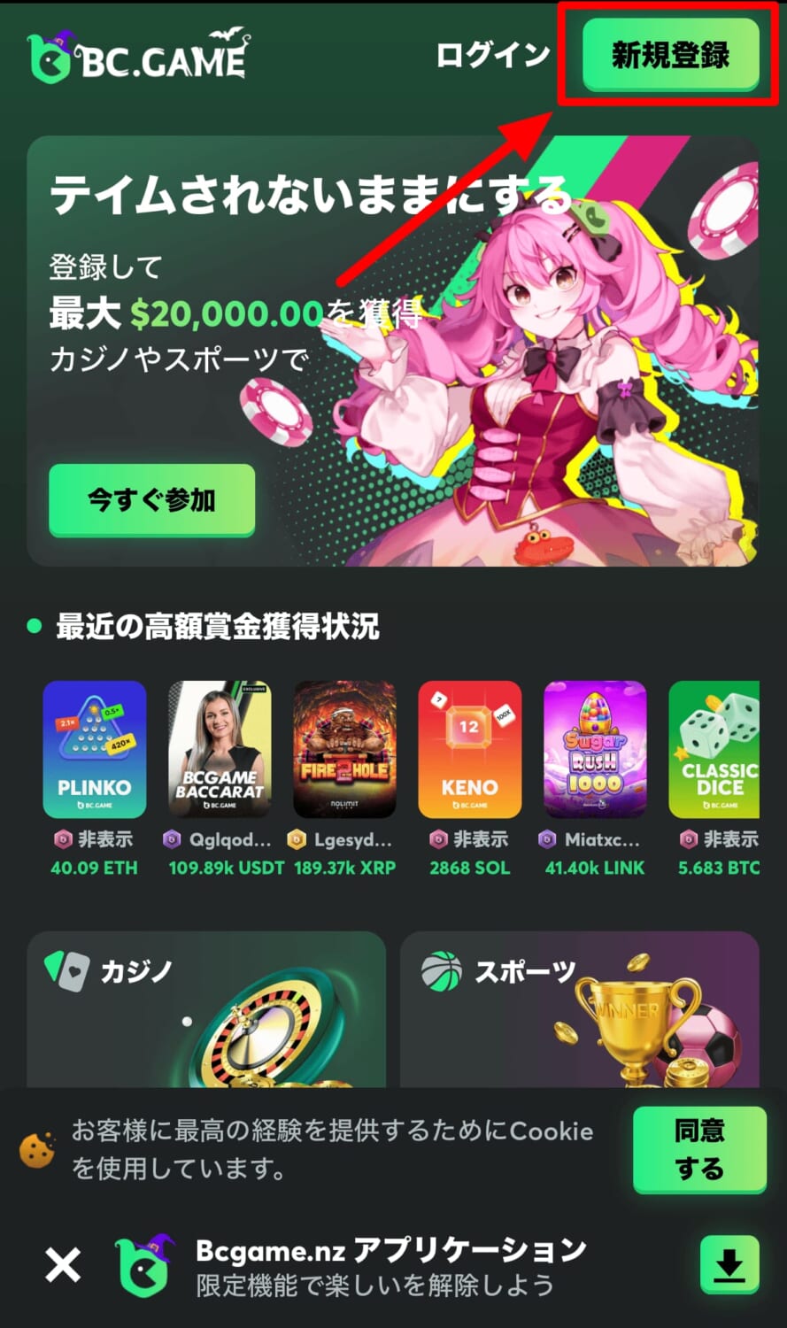 BCゲーム登録画面 TOPページ