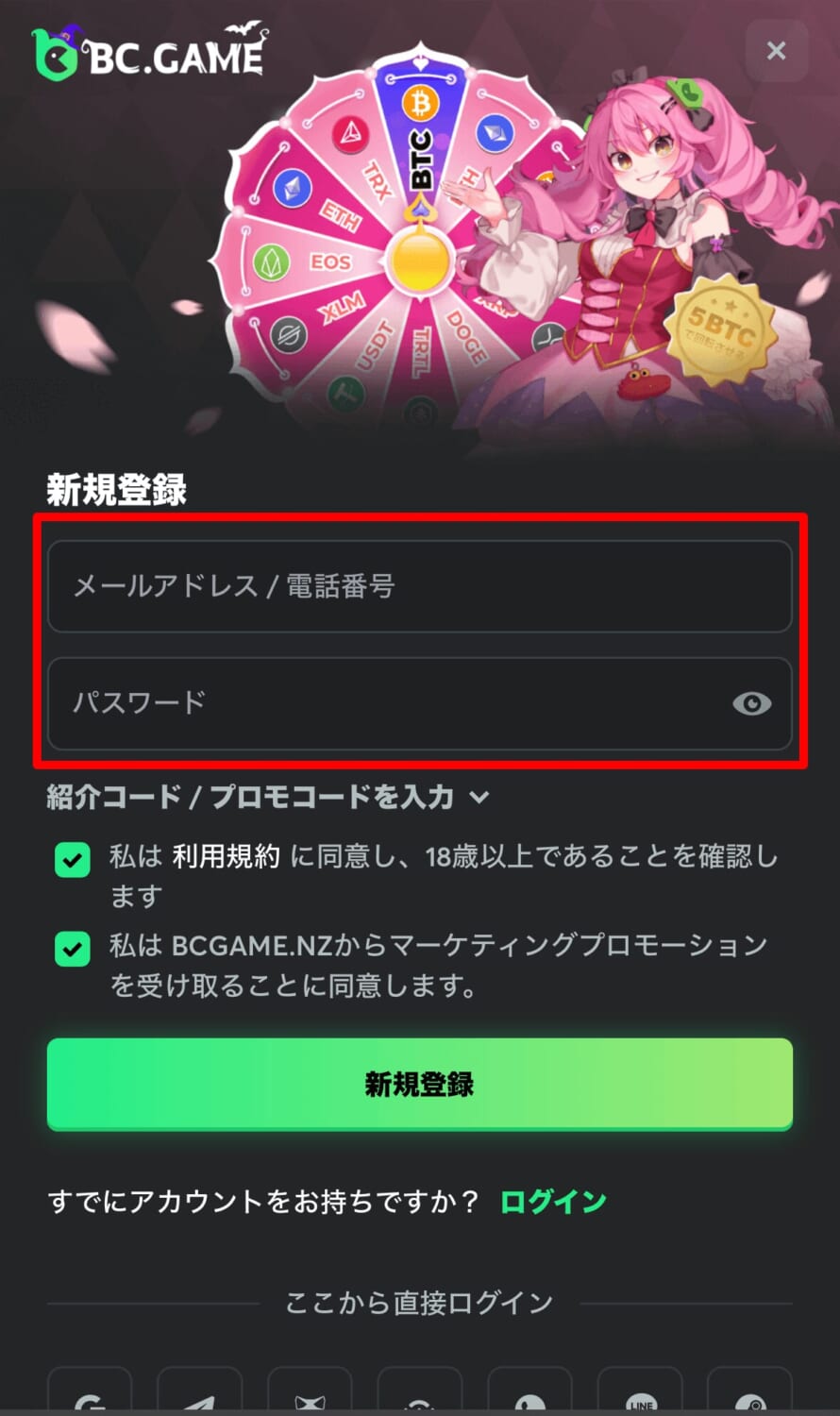 BCゲーム登録画面 登録フォーム