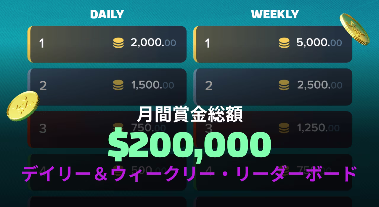 月間賞金総額
$200,000
デイリー&ウィークリー・リーダーボード