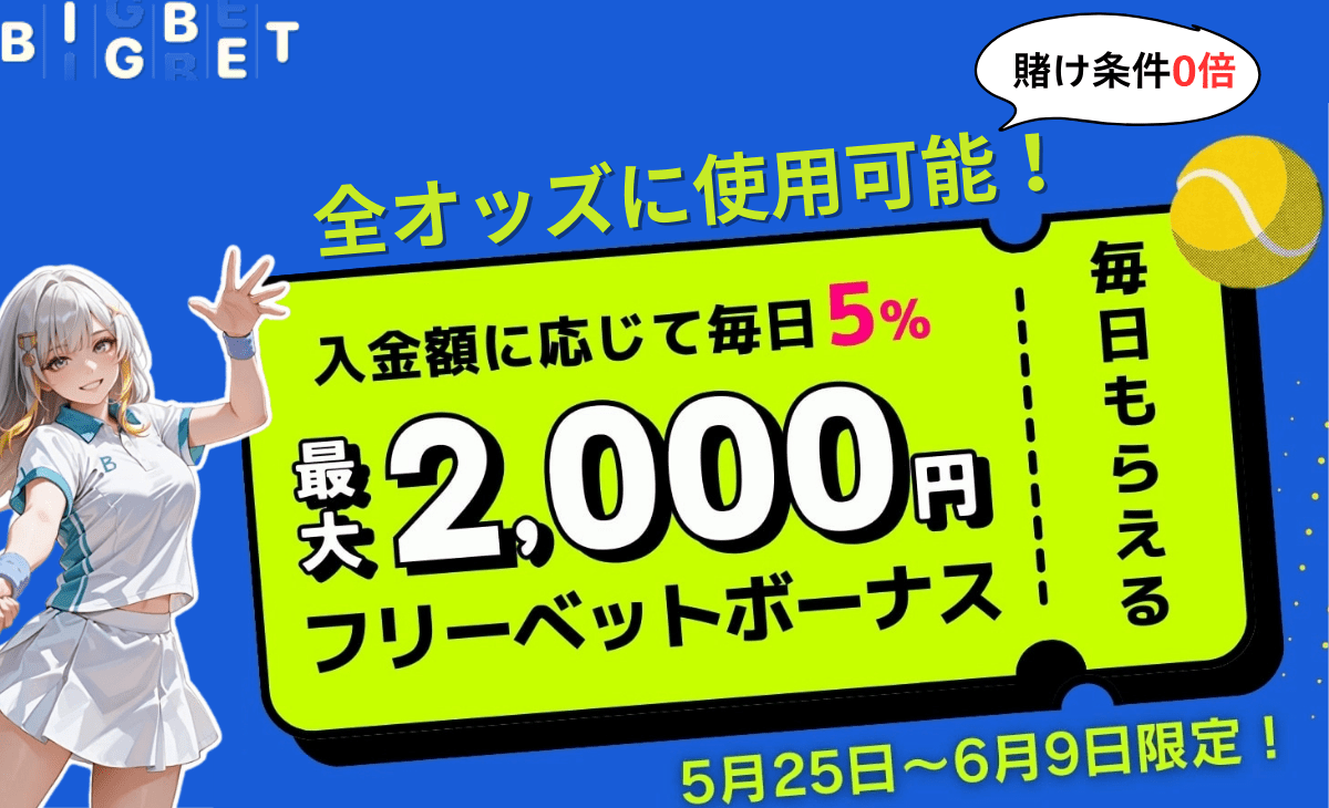 BIGBETカジノ　2000円フリーベットボーナス