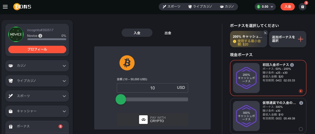 ボンズカジノ入金方法を選択