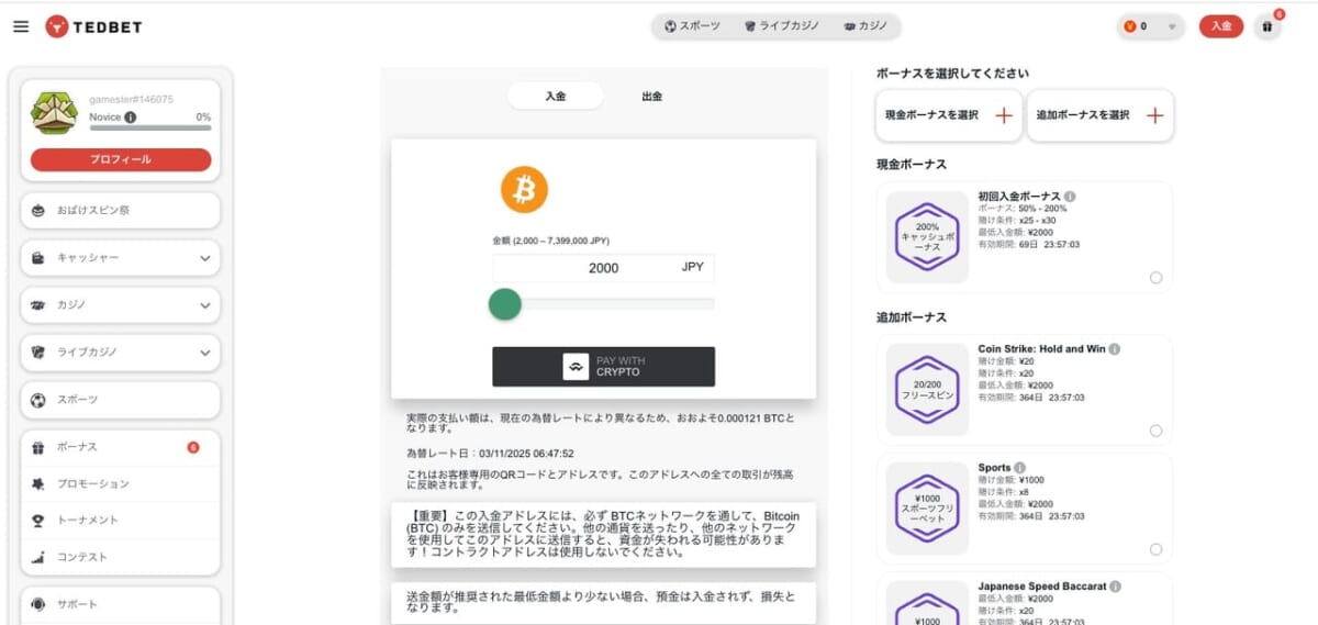 テッドベットの仮想通貨入金