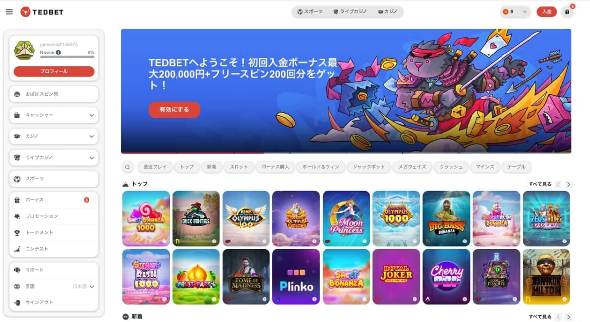 テッドベットのログイン後